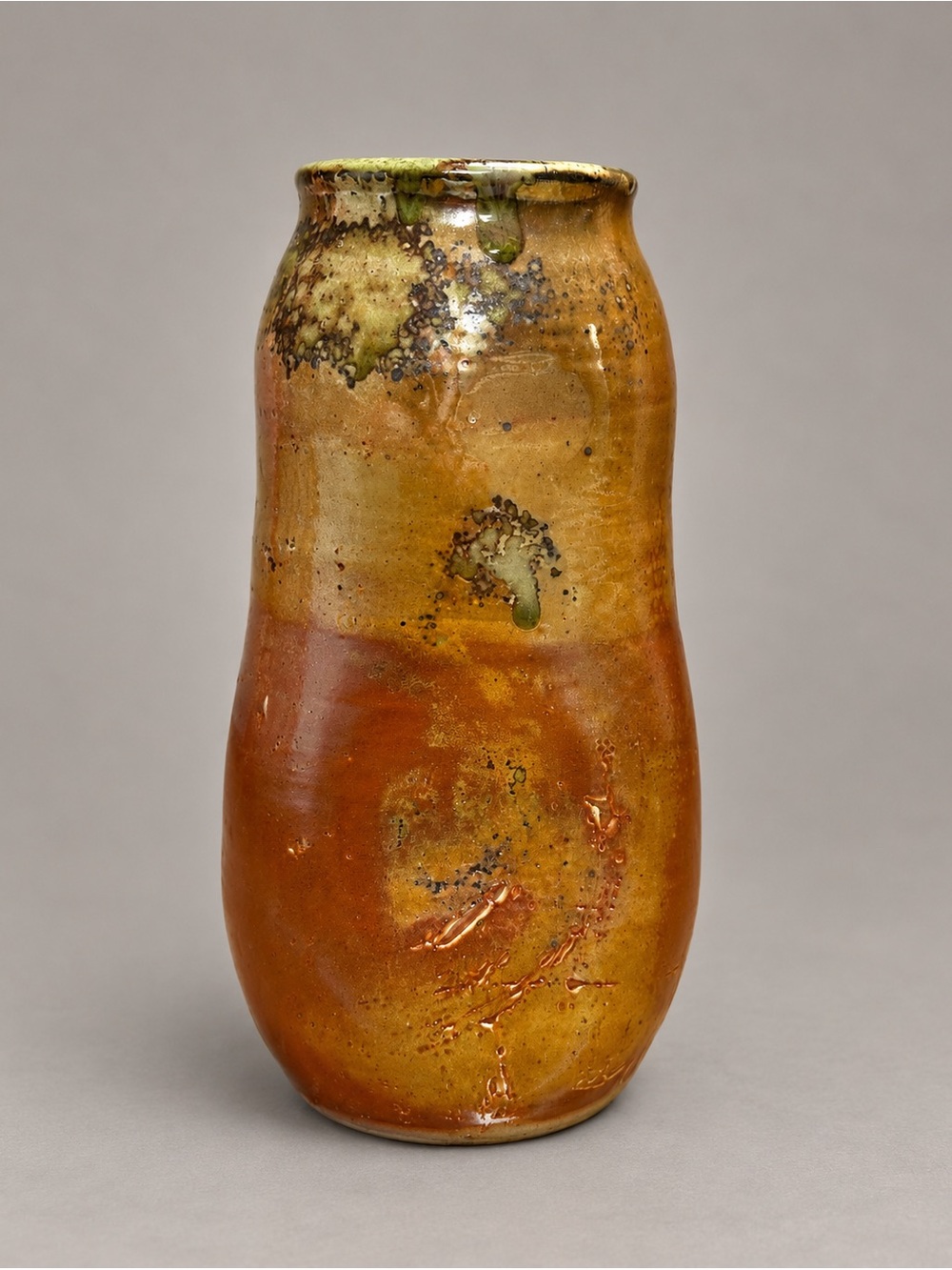 Signed Studio Art Pottery Vase Orange Amber Drip Glaze Sculptural Pinched Form